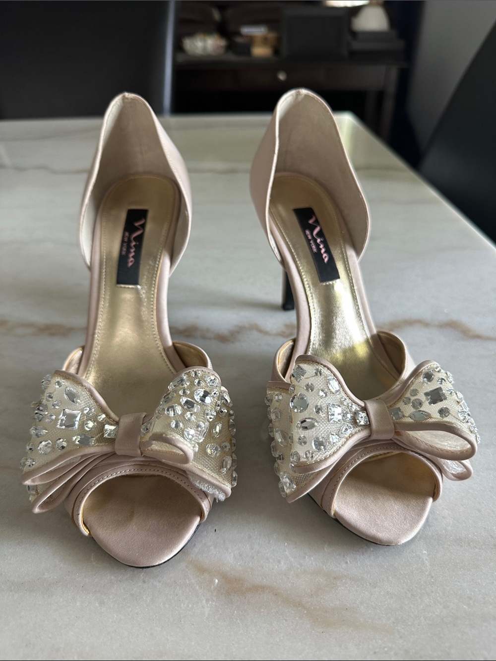 Nina Blush Crystal Bow Peep-Toe Pumps